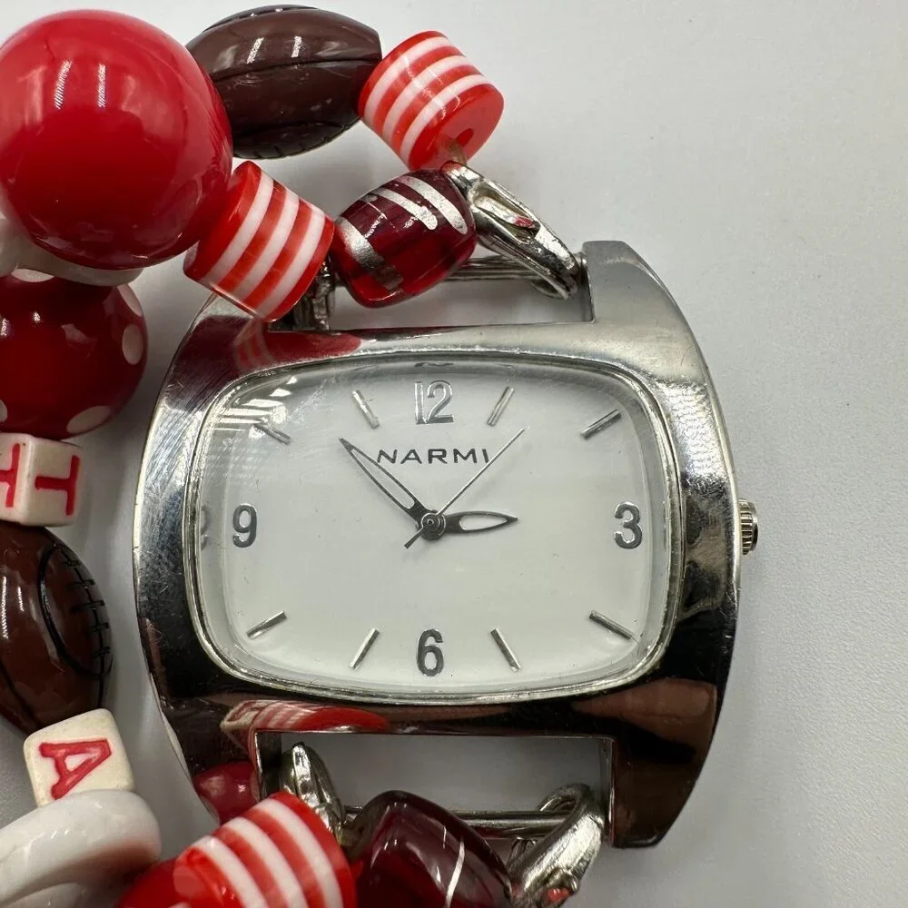 3/$30 Narmi Watch Women Silver Tone Utah Football Bead Stretch Bracelet